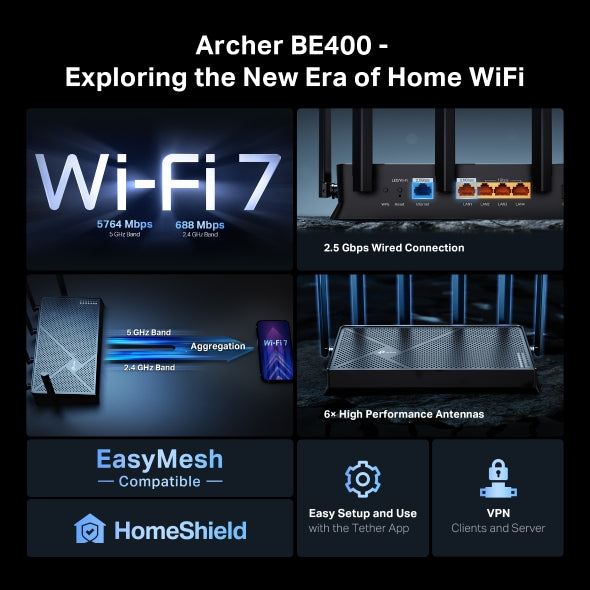 TP Link Archer BE400 BE6500 Dual-Band Wi-Fi 7 Router